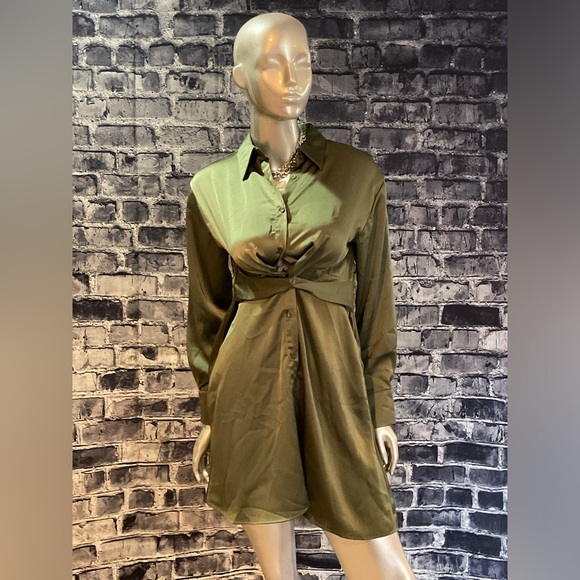 Olive Green Satin Long Sleeve Formal Dress - Picture 7 of 7